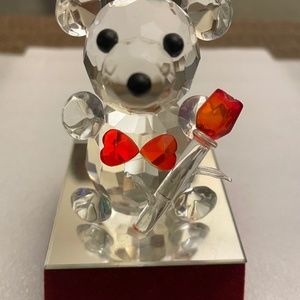 Crystal Bear Figurine Sitting in Mirror on Red Velvet Base Holding Heart  & Rose